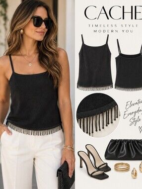 Cache Silk Cashmere Black Fringe Hem Cami Tank Large